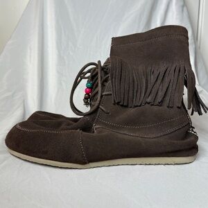 Freshwater Lace Up Embroidered Fringe Dark Brown Suede Leather Ankle Moccasins 7